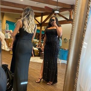 La Femme Black Sequin Spaghetti Strap Prom Gown